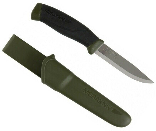 Swedish knife MoraKniv stainless steel fixed standard plain edge blade Olive green sheath TPE rubber handle Bushcrafters