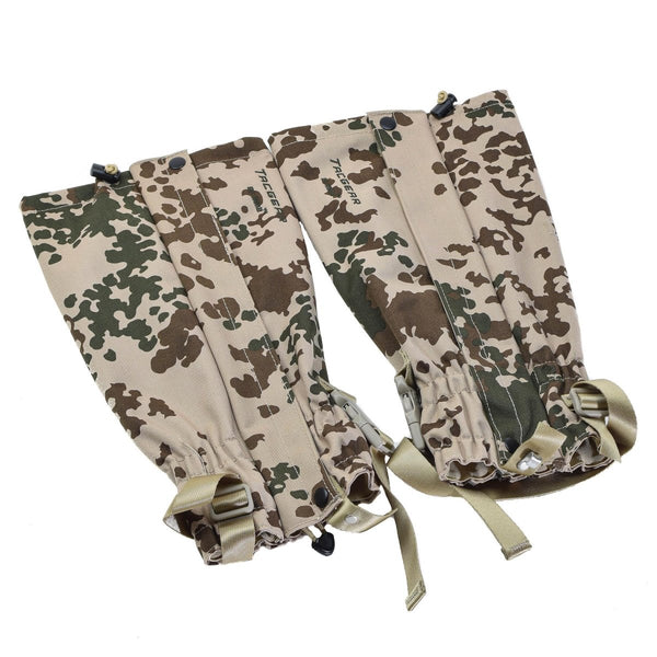 TACGEAR brand leg gaiters waterproof German BW tropical camo metal hooks drawstring and cord stopper at the bottom