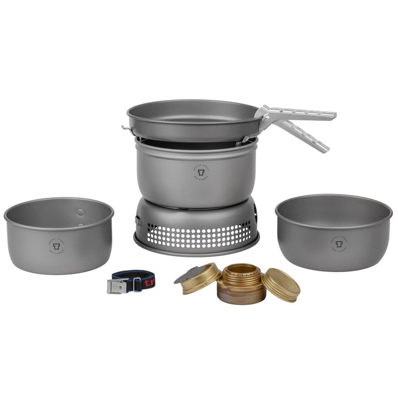 Trangia fuel burner kit stove set hard anodized aluminum compact outdoor camping two sauce pan frying pan windshield